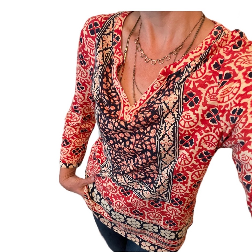 LUCKY BRAND Hippie Boho Long Sleeve Split V Tunic Top size Large; red navy cream